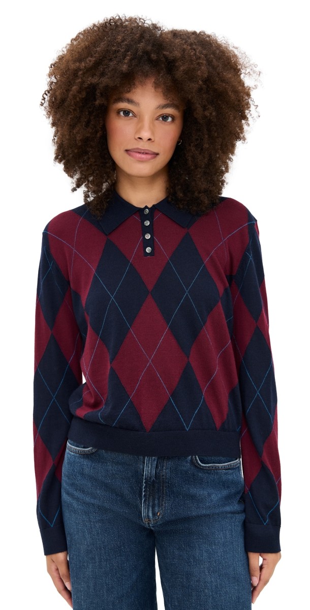 Leset James Argyle Merino Polo Sweater Midnight Argyle