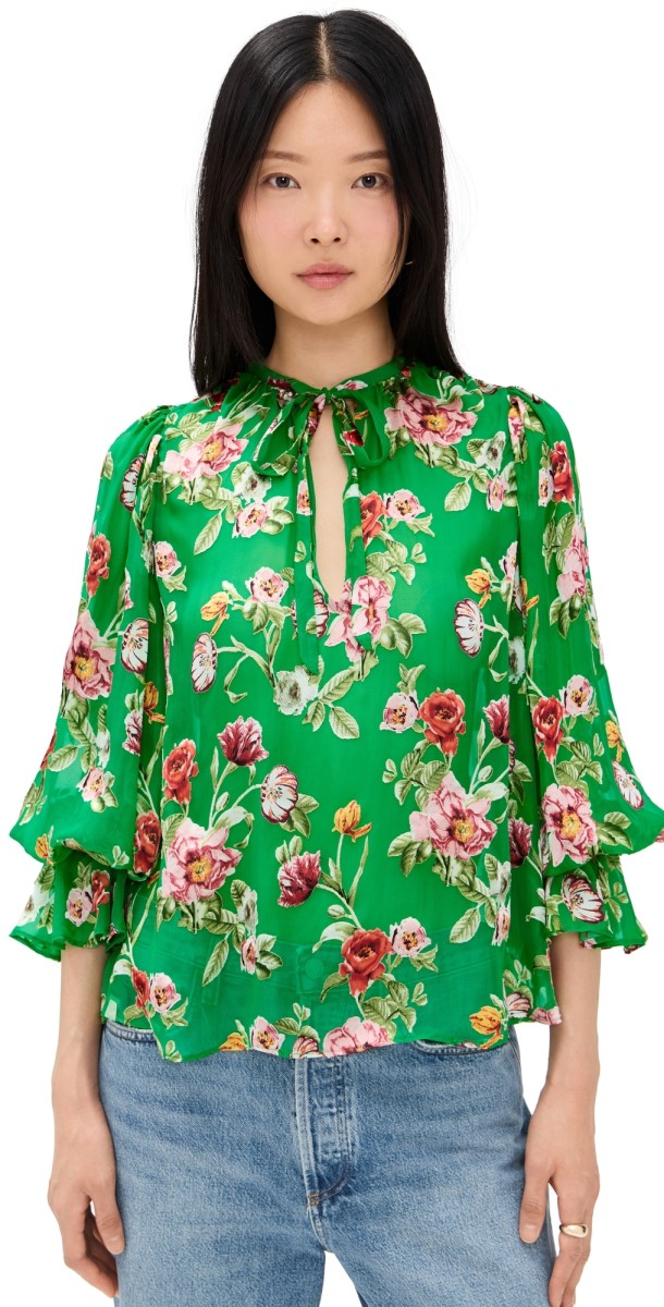 alice + olivia Moranne Tie Neck Blouson Ruffle Sleeve Top Hamptons Floral Small