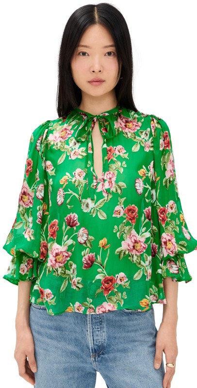 alice + olivia Moranne Tie Neck Blouson Ruffle Sleeve Top Hamptons Floral Small
