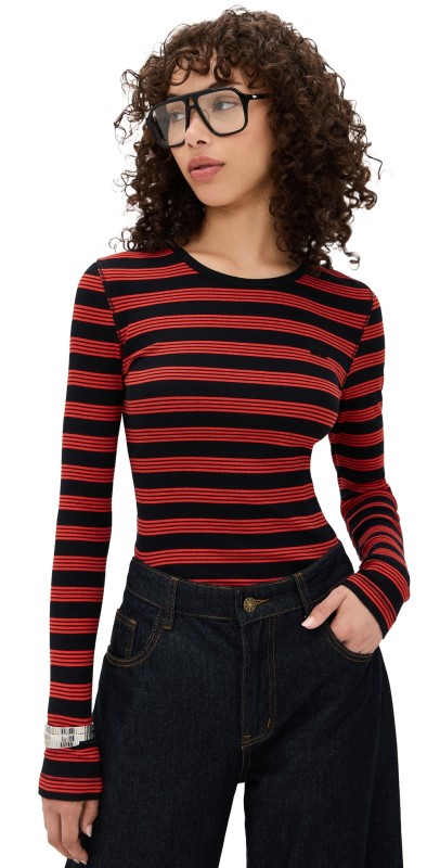 GANNI Soft Cotton Rib Striped Long Sleeve Tee Red Alert