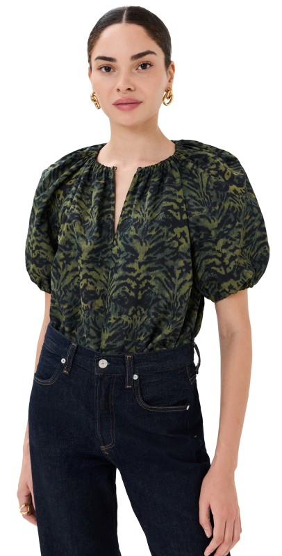 Ulla Johnson Talie Silk Short Sleeve Blouse DESERT JASPER