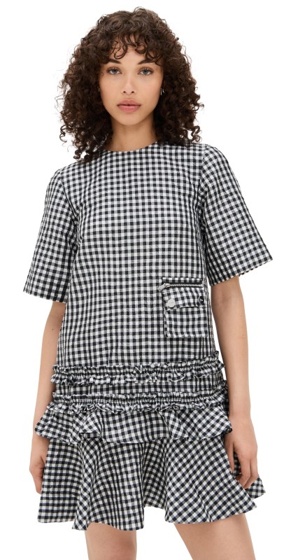 GANNI Crinkled Taffeta Check Open Back Mini Dress Black