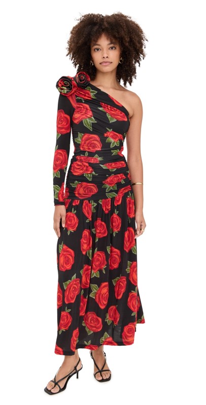 FARM Rio Latin Roses One Shoulder Midi Dress Latin Roses Black
