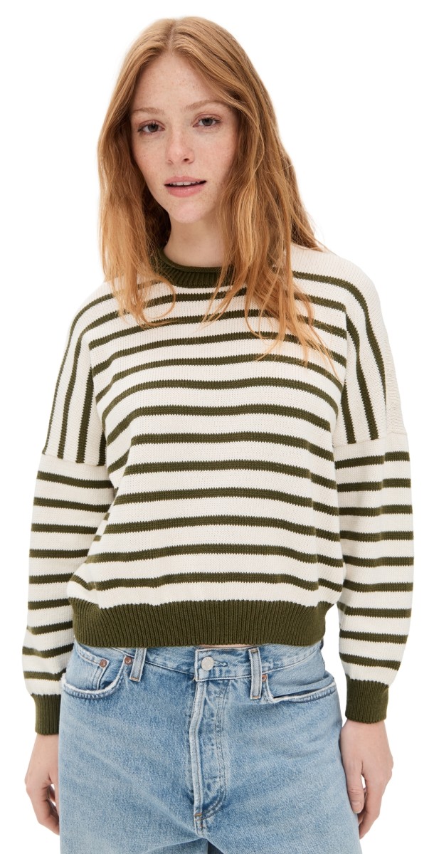 THE GREAT. The Roll Neck Pullover Olive & Cream Stripe