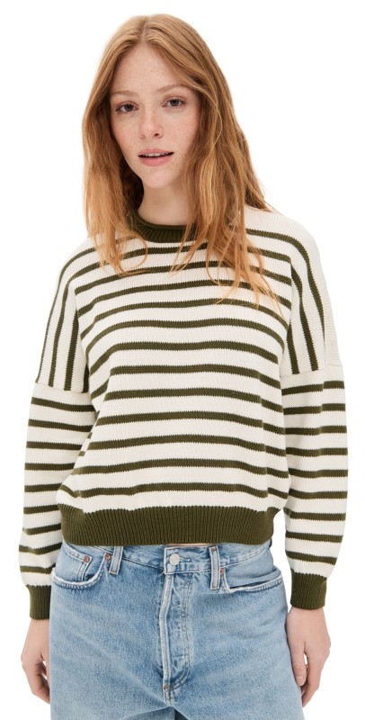 THE GREAT. The Roll Neck Pullover Olive & Cream Stripe