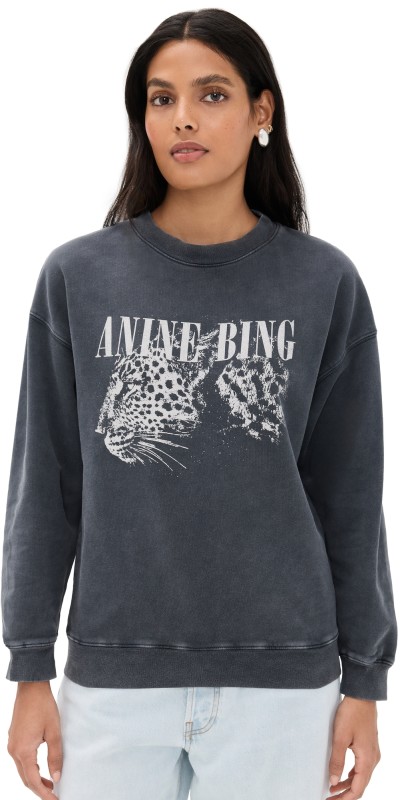 ANINE BING Spencer Leopard Sweatshirt Washed Black