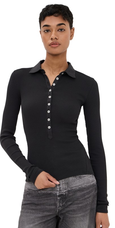 rag & bone The Essential Rib Button Polo Black