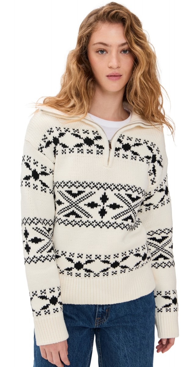 English Factory Motif Zip Up Sweater Ivory/Black