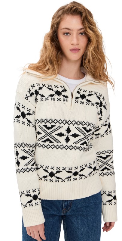 English Factory Motif Zip Up Sweater Ivory/Black