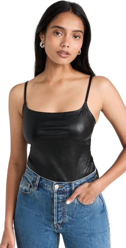 Commando Faux Leather Cami Thong Bodysuit Black
