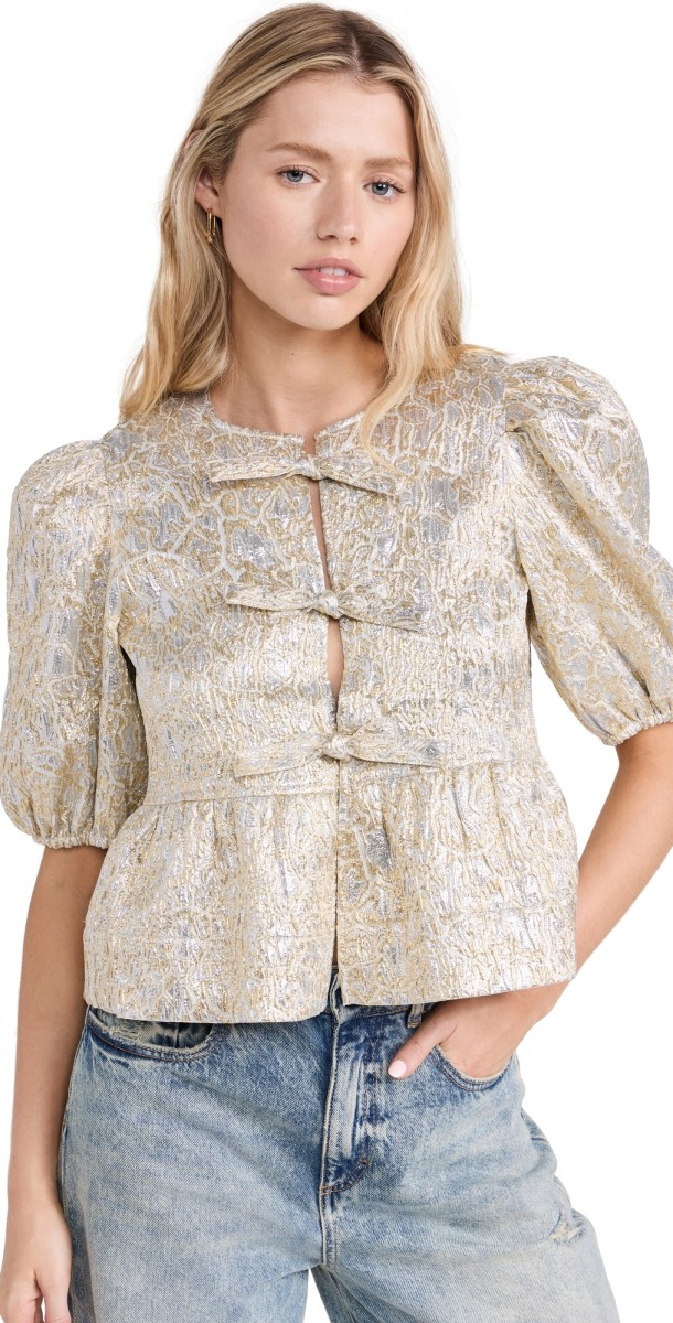 GANNI Metallic Cloque Peplum Blouse Gold/Silver
