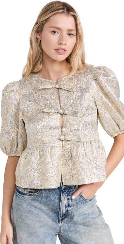 GANNI Metallic Cloque Peplum Blouse Gold/Silver