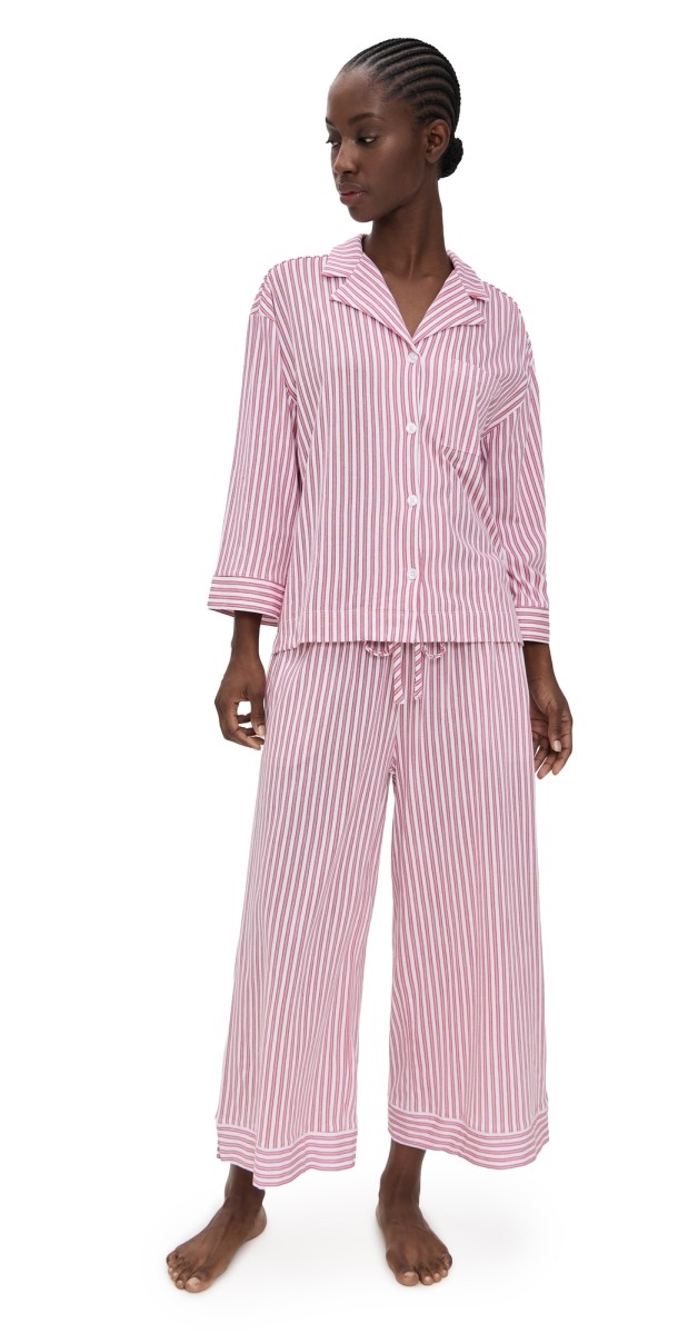 Petite Plume Luxe Pima Antique Ticking Wide Leg Pajama Set Antique Red Ticking