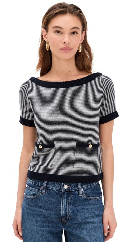 FRAME The Cashmere Boat Neck Top Navy Multi