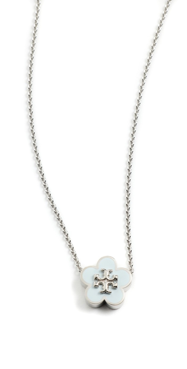 Tory Burch Kira Enamel Flower Pendant Necklace Tory Silver/Light Blu