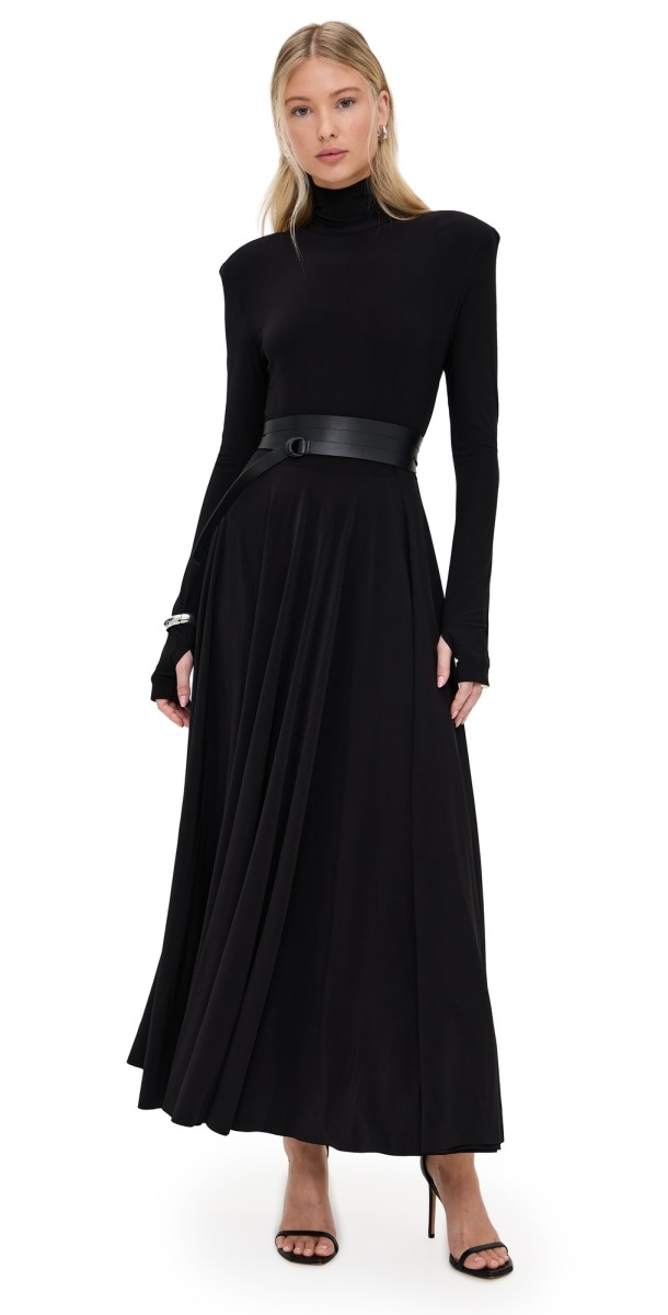 Norma Kamali Shoulder Pad Turtle Flared Dress Black