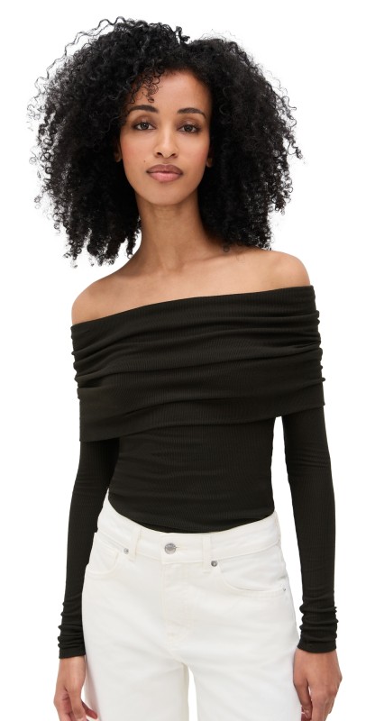 Enza Costa Silk Rib Off-Shoulder Top Coffee Bean