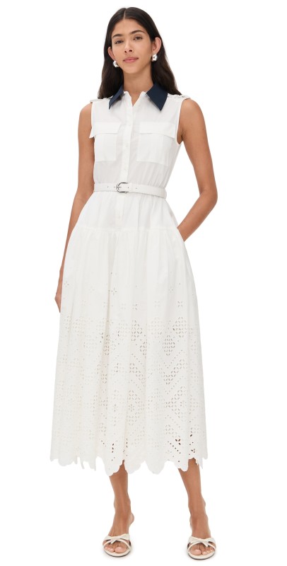 Self Portrait White Contrast Collar Broderie Midi Dress White