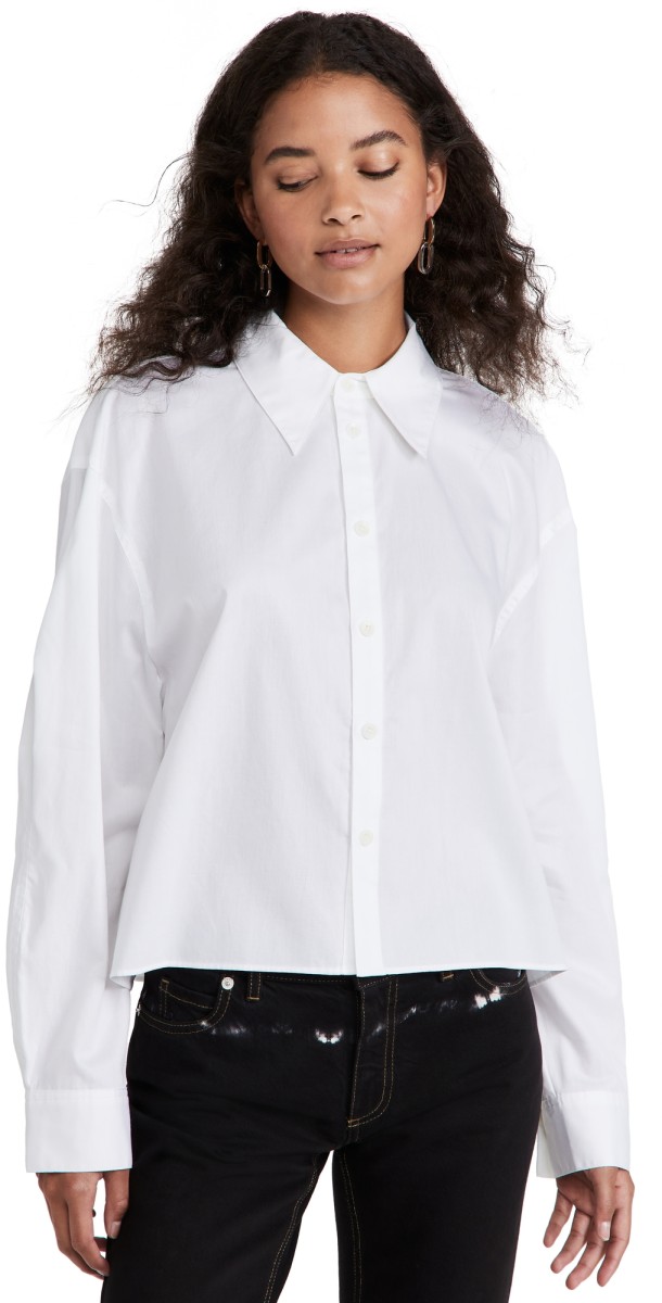 Tibi Miles Scallop Sleeve Cropped Shirt White