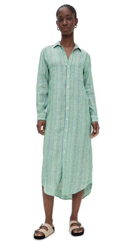 Frank & Eileen Maxi Shirtdress Green w/ Yellow Blue Stripe