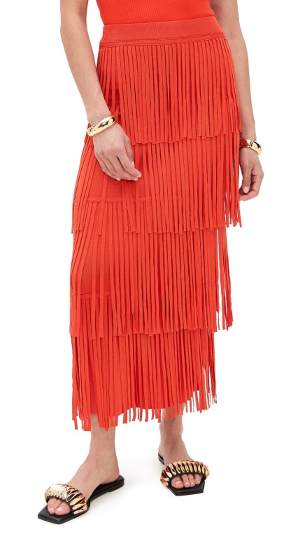 SIMONMILLER Za Za Knit Fringe Skirt Coral Red