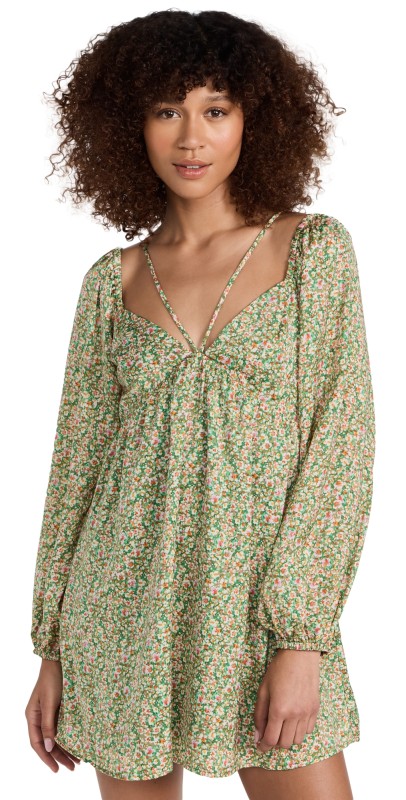 Lost + Wander Wild Poppies Mini Dress Green Floral