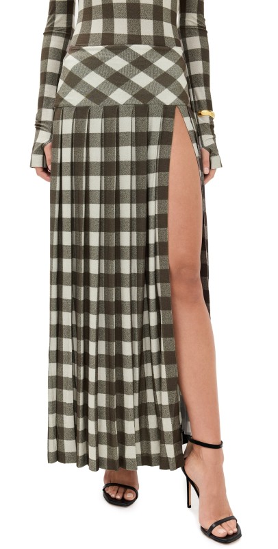 Norma Kamali Pleated Long Skirt with Slit BARK BOX PLAID