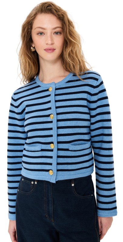 English Factory Knit Striped Sweater Cardigan Powder Blue/Navy