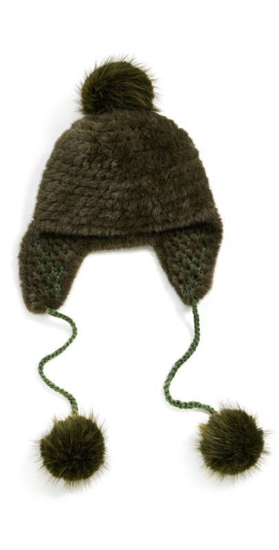 Jocelyn Faux Mink Knitted Trapper Beanie Oliv