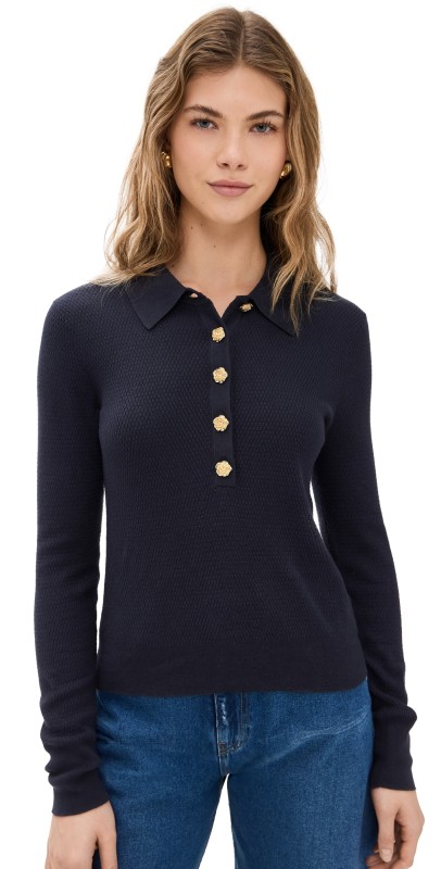 L'AGENCE Sterling Jewel Button Collar Sweater Midnight/Gold Rose