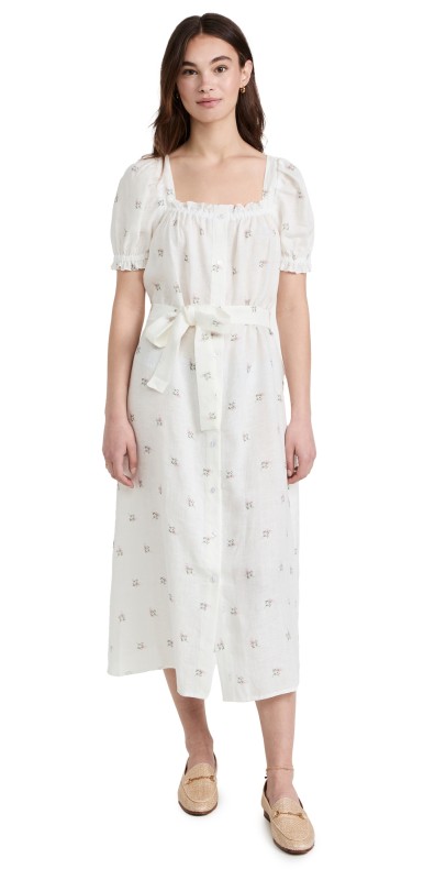 Sleeper Brigitte Midi Linen Dress in Bouquets White/Green