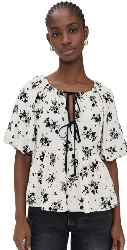 English Factory Flower Printed Puff Sleeve Top Ivory/Black
