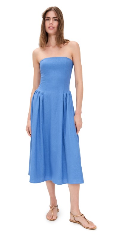 WAYF Giulia Strapless Midi Dress Azure Blue