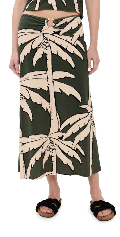 Johanna Ortiz Green Palm Branch Midi Skirt Salty Palms Green/Ecru