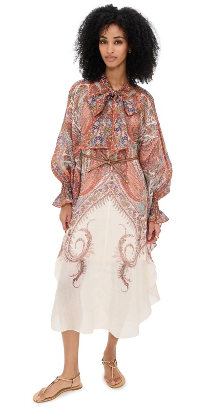 Zimmermann Rhiannon Tie Neck Midi Dress Cream Paisley