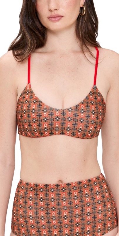 THE GREAT. The Reversible Bikini Top Rust Tile Print/Hot Red
