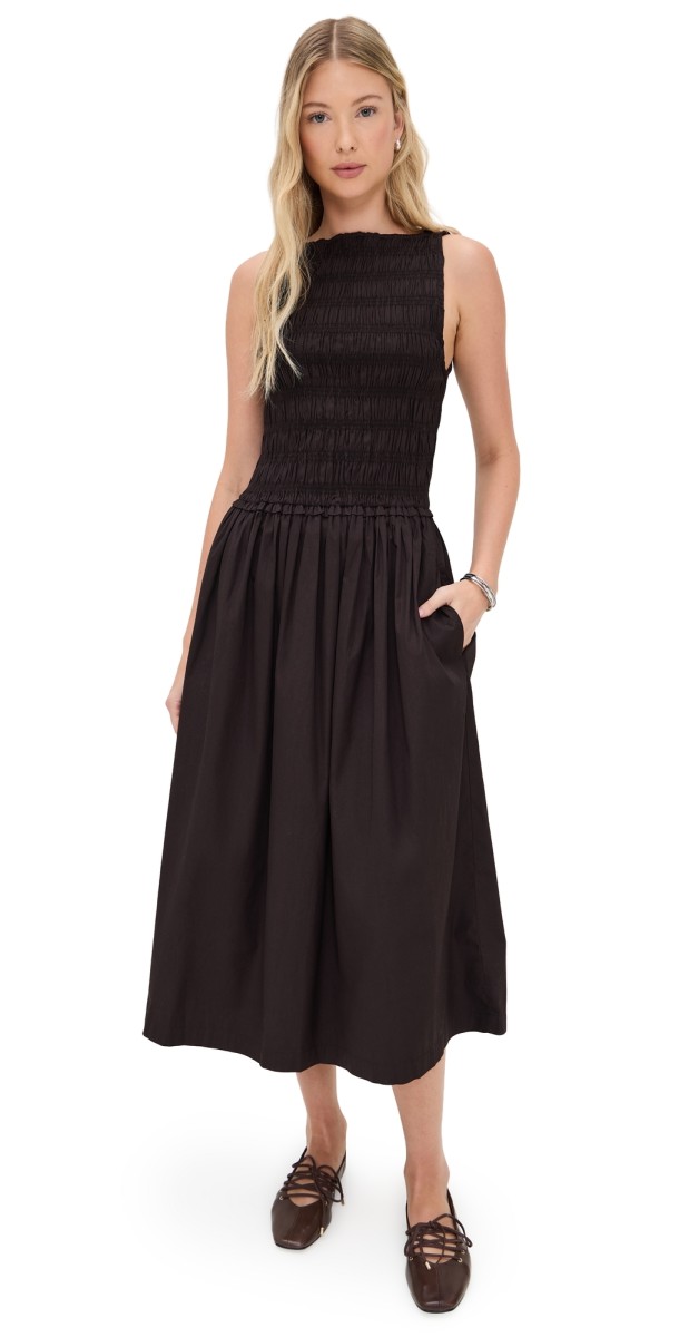 Madewell The Melody Smocked Midi Dress Chocolate