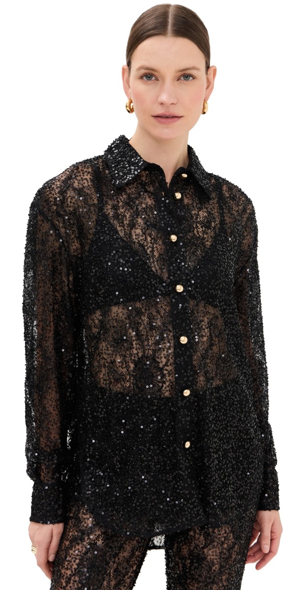 AKNVAS Cara Embroidered Button Down Top Noir