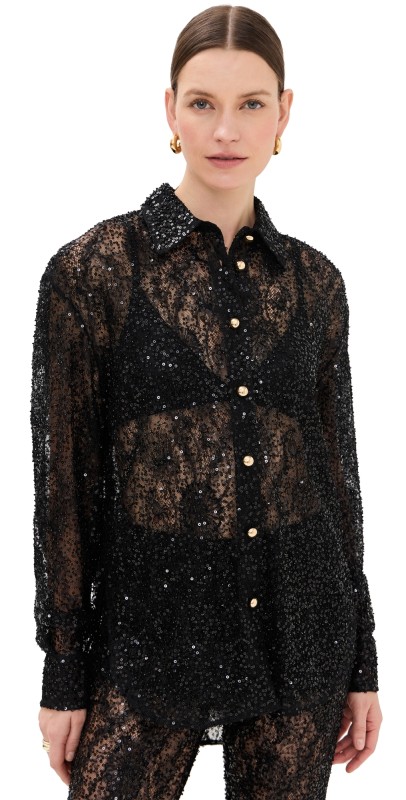 AKNVAS Cara Embroidered Button Down Top Noir