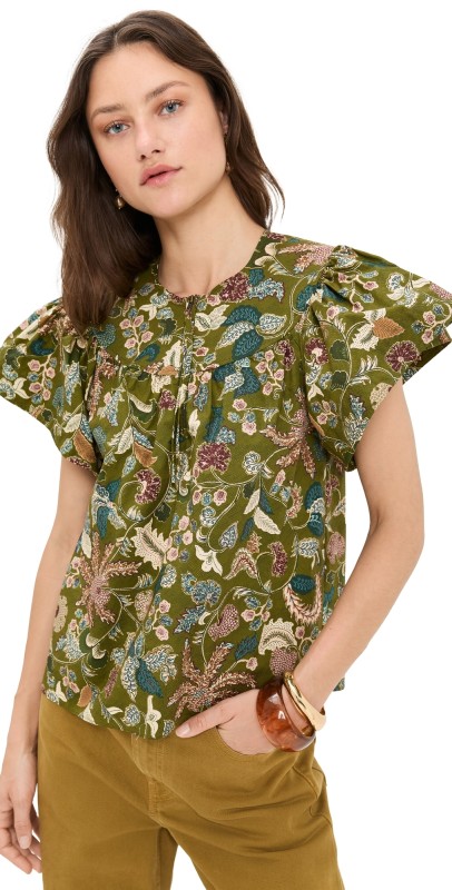 Ulla Johnson Perline Flutter Sleeve Blouse Lichen