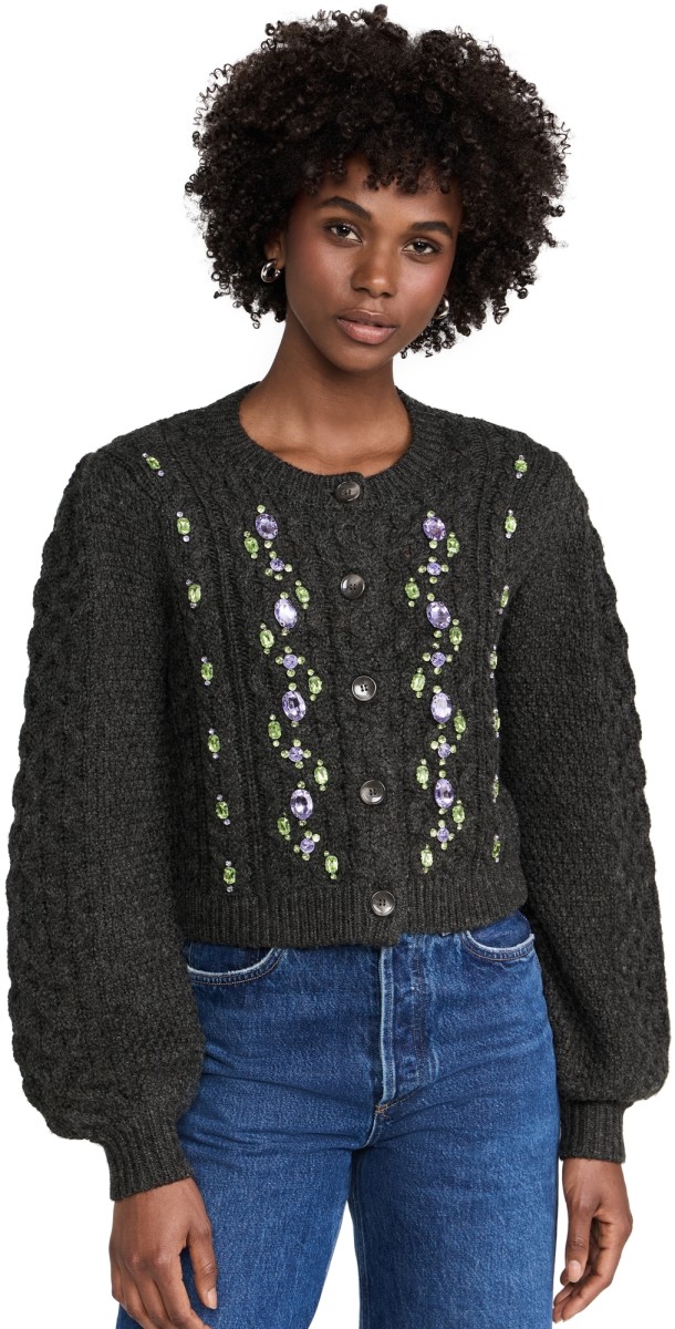 Cinq à Sept Joelle Embellished Cable Cardigan Charcoal Lilac/Green