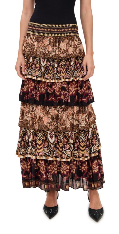 FARM Rio Mixed Scarves Ruffled Maxi Skirt Mixed Scarves