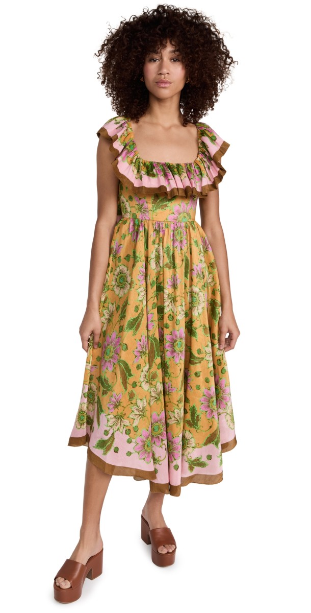 Alemais Winnie Ruffle Neck Midi Dress Tangerine