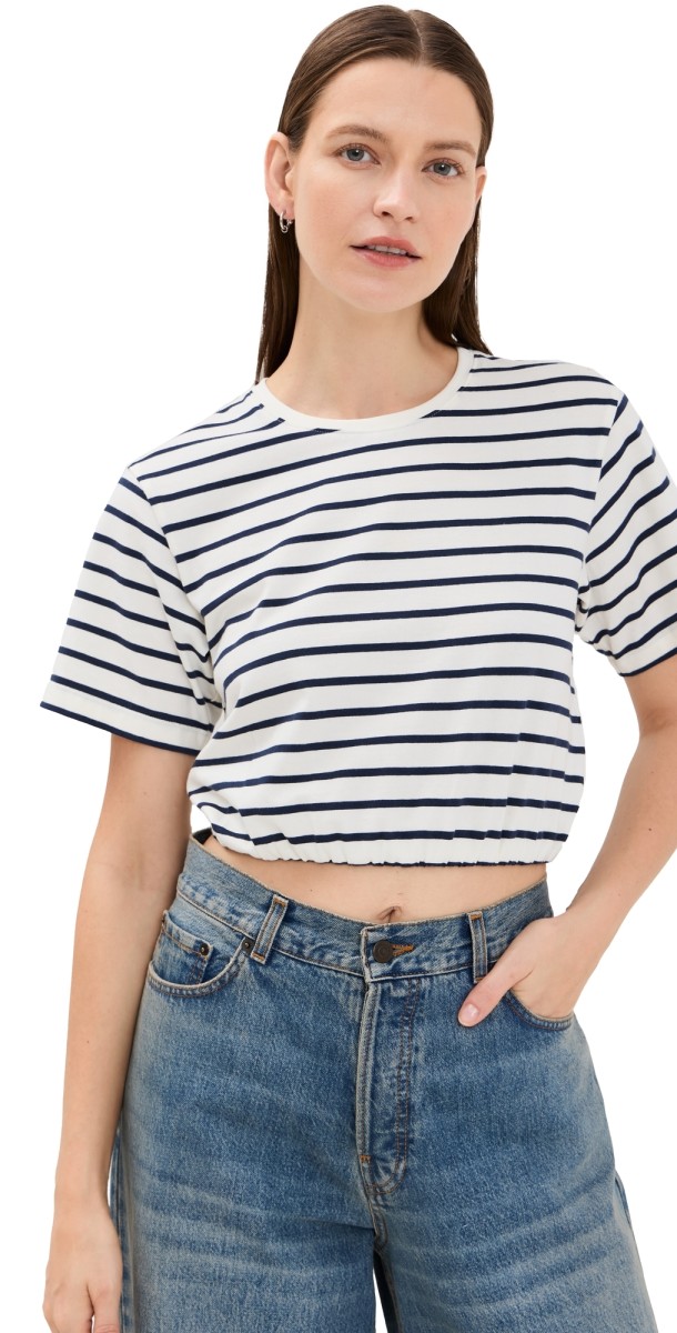 SIMKHAI Jojo Short Sleeve Cropped T-Shirt Midnight Stripe