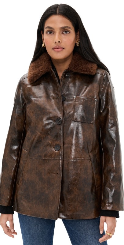 Avec Les Filles Faux Leather Relaxed Aviator Jacket Glazed Chocolate