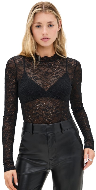 alice + olivia Taeyn Lace Crew Neck Bodysuit Black