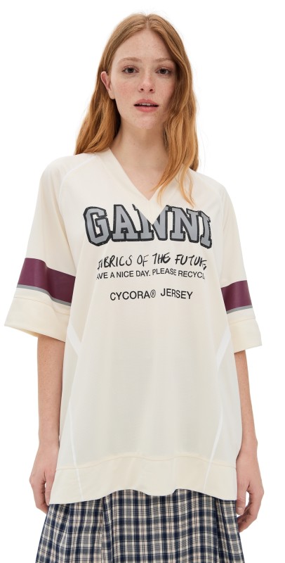 GANNI Future Mesh Oversized V Neck T-Shirt Antique White