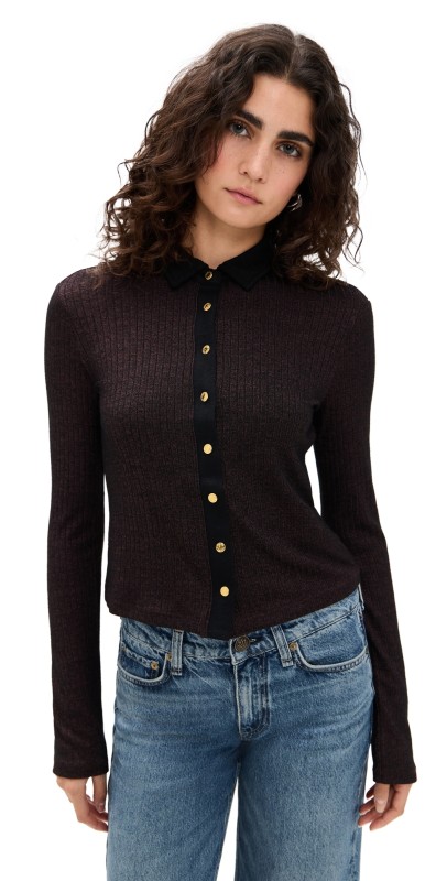 rag & bone The Knit Contrast Long Sleeve Polo Dark Brown