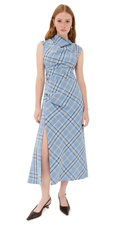 SIMKHAI Burke Draped Midi Dress Horizon Plaid