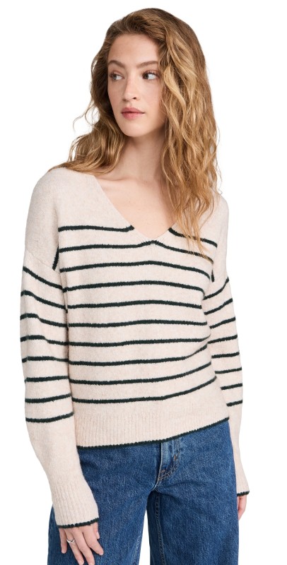 Madewell Stripe Vneck Cozy Cotton Wedged Pullover Hthr Birch/Luxury Forest Strip